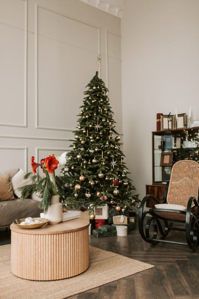 Living room with christmas tree and wooden coffee table